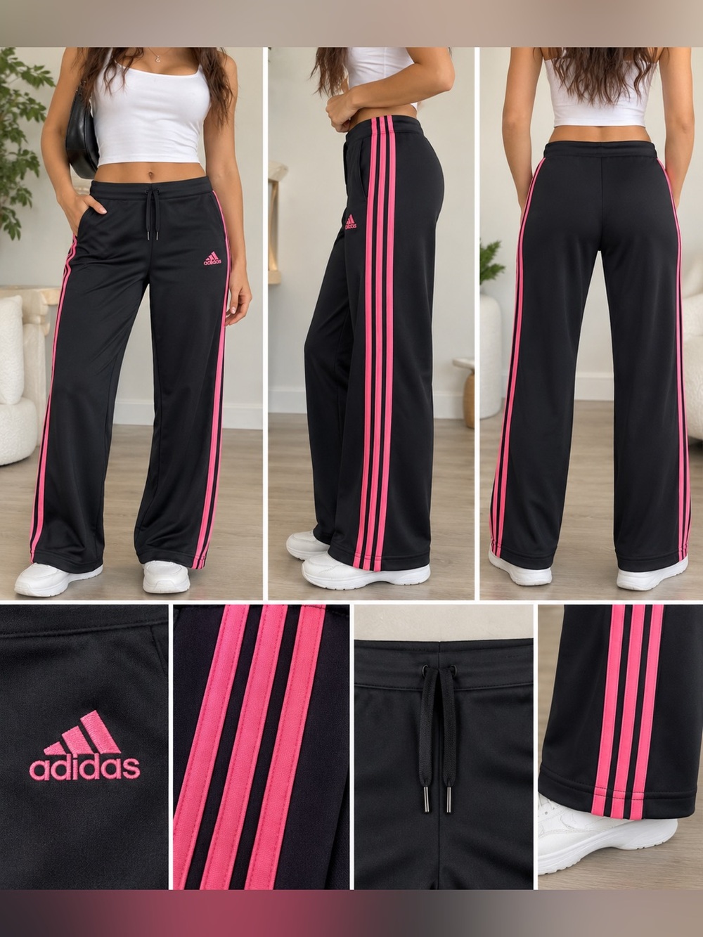 Adidas Black Sweatpants with Pink Triple Stripes Y2K Style Size 6